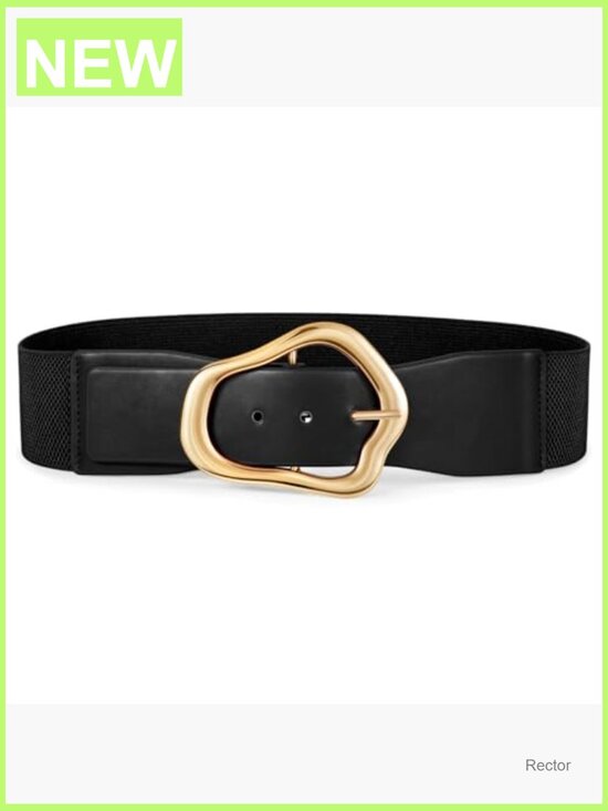 Wide Elastic Waist Belt with Large Gold Buckle Stretchy Leather